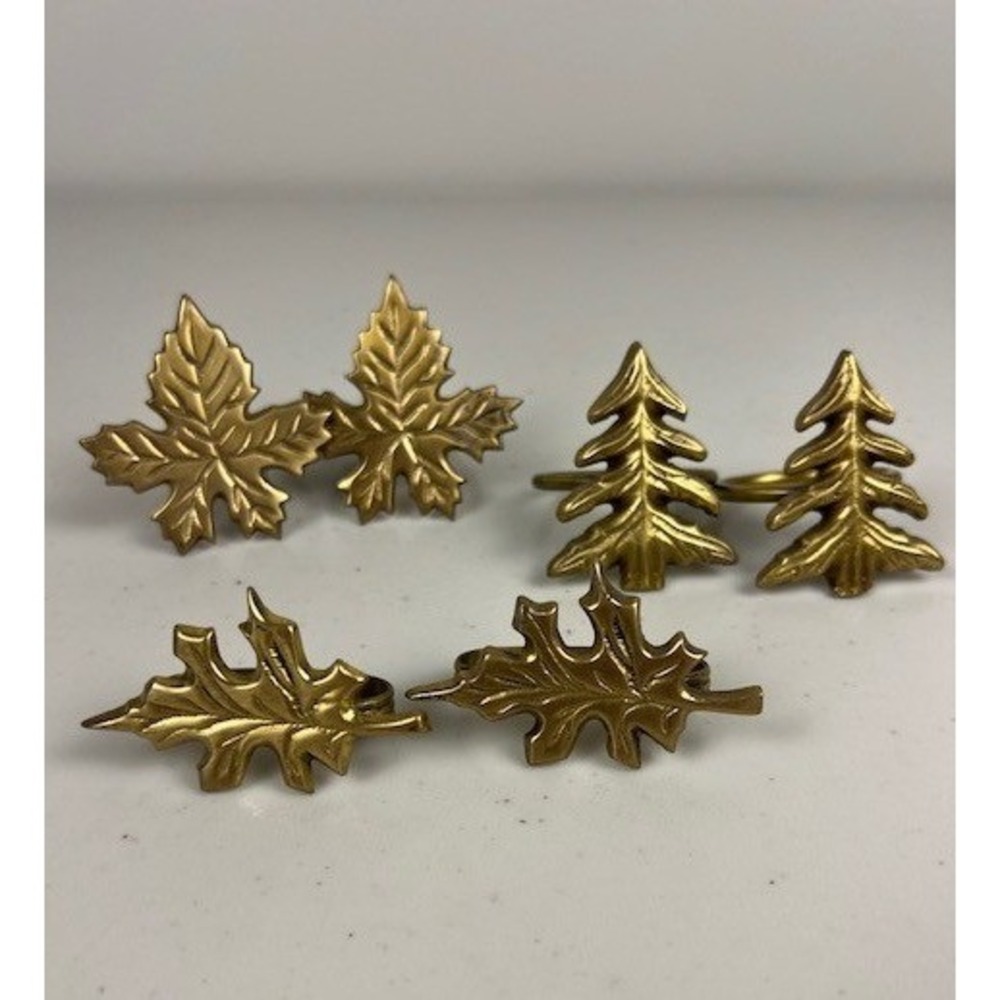 Vintage Brass Napkin Rings Set of 6 Mixed Leaves and Christmas Trees Gold Tone